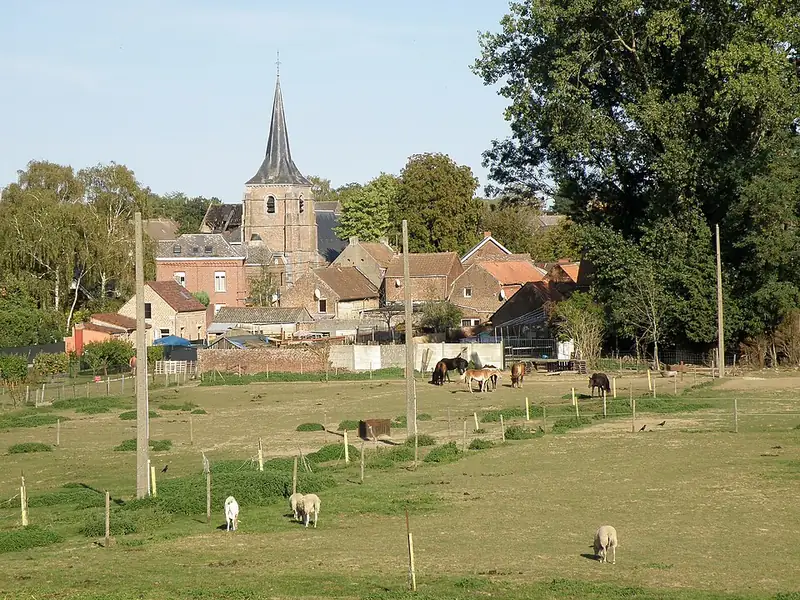 Honnelles (prov. de Hainaut, Belgique). Vue d'ensemble du village d'Angre depuis l'ouest. Clocher de l'église Saint-Martin