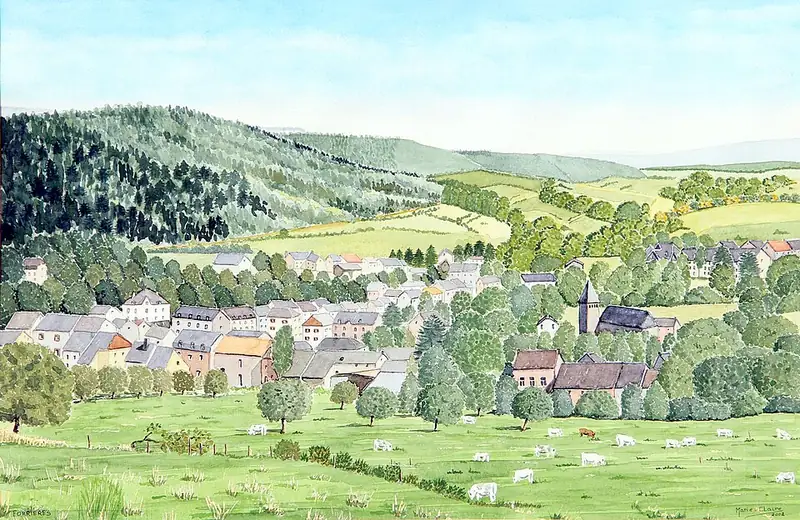 « Forrières vu de la rue Notre-Dame de Haurt » - Aquarelle réalisée en 2002 par Marie-Claire Lefébure
