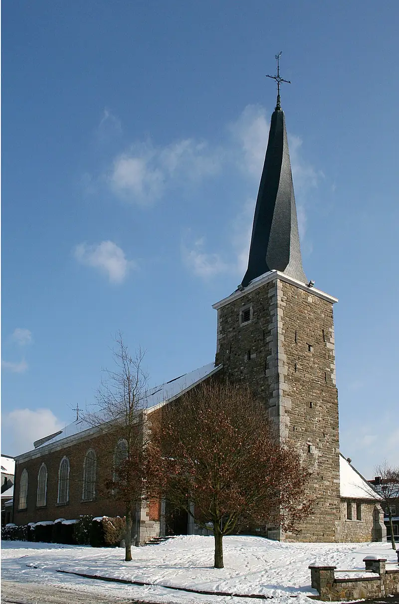Jalhay (Belgique), l'église Saint-Michel et son clocher tors (1840)